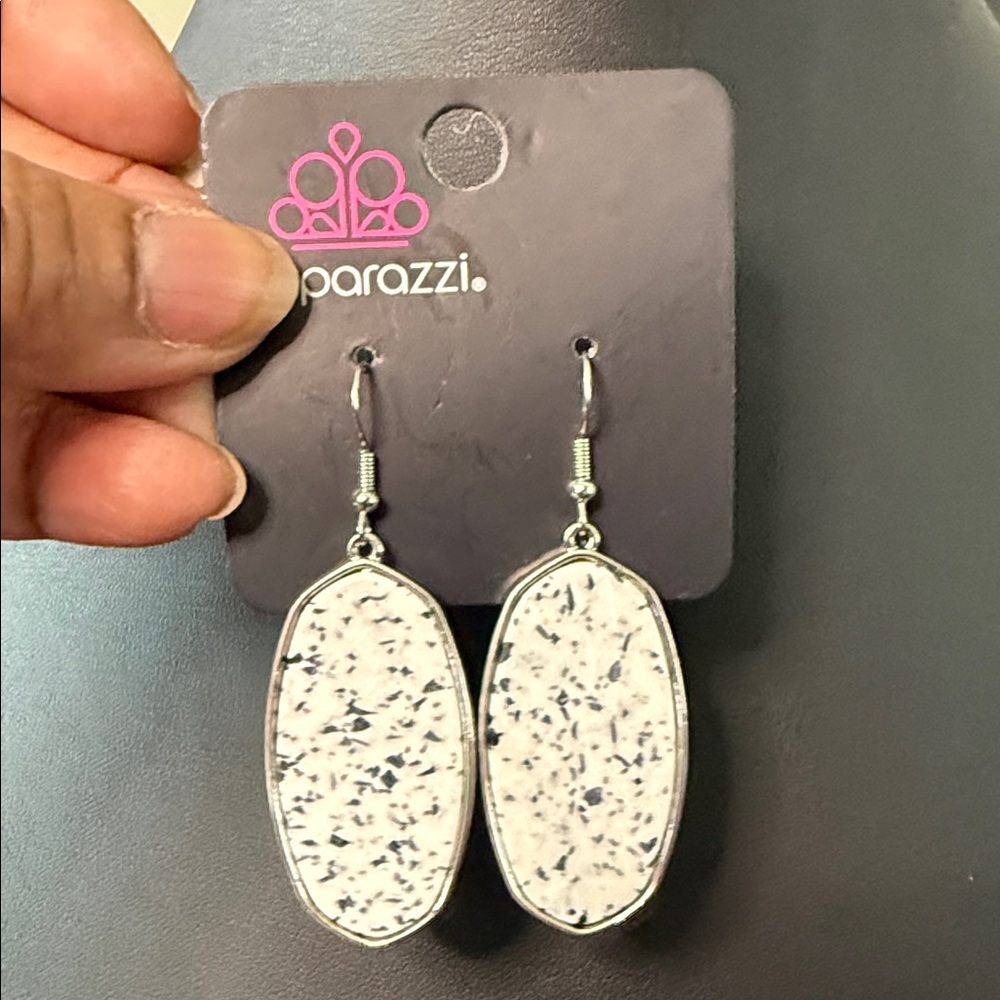 paparazzi Speckled White Oval Drop Earrings with Silver Trim